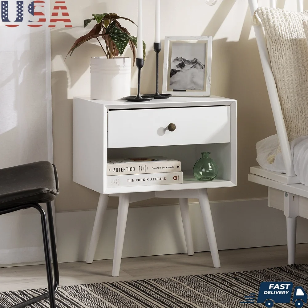 Mid Century Modern Nightstand with 1 Drawer and Open Storage Cubby Durable MDF Wood Retro Angled Legs Bedroom Living Room
Mid Century Modern Nightstand with 1 Drawer and Open Storage Cubby Durable MDF Wood Retro Angled Legs Bedroom Living Room
