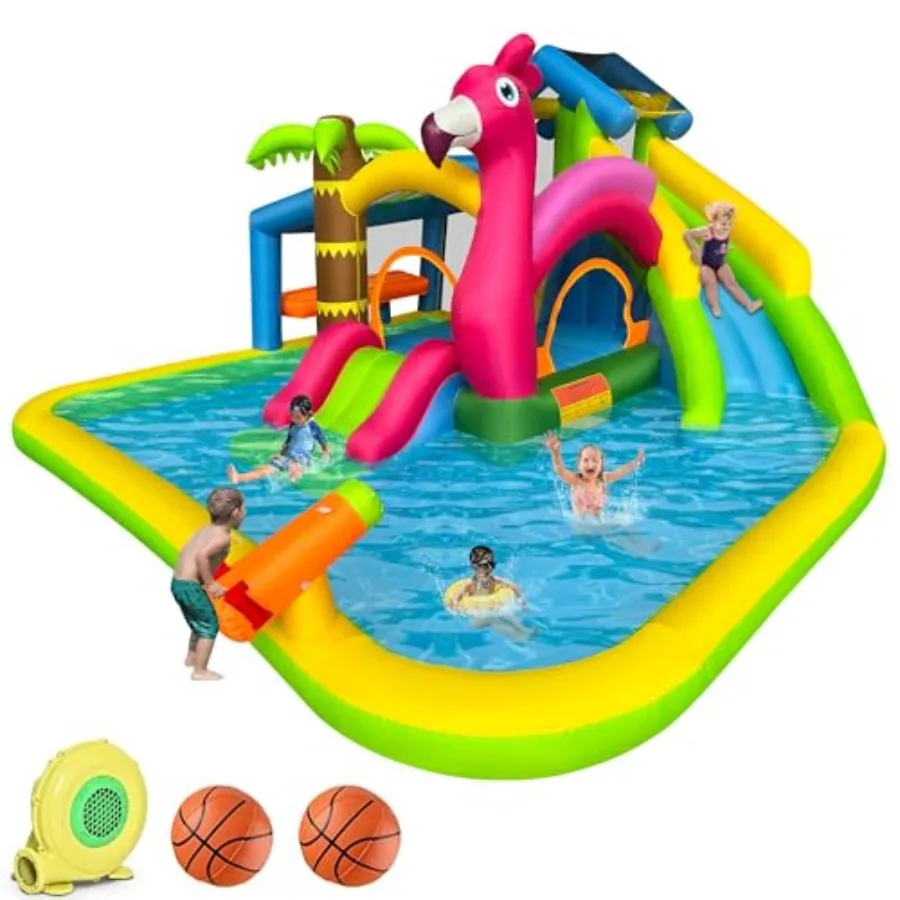 Inflatable Water Slide, 9 in 1 Flamingo Water Park Bouncy Castle, Waterslides with Climbing Wall, Splash Pool, Toy Market Stand
Inflatable Water Slide, 9 in 1 Flamingo Water Park Bouncy Castle, Waterslides with Climbing Wall, Splash Pool, Toy Market Stand