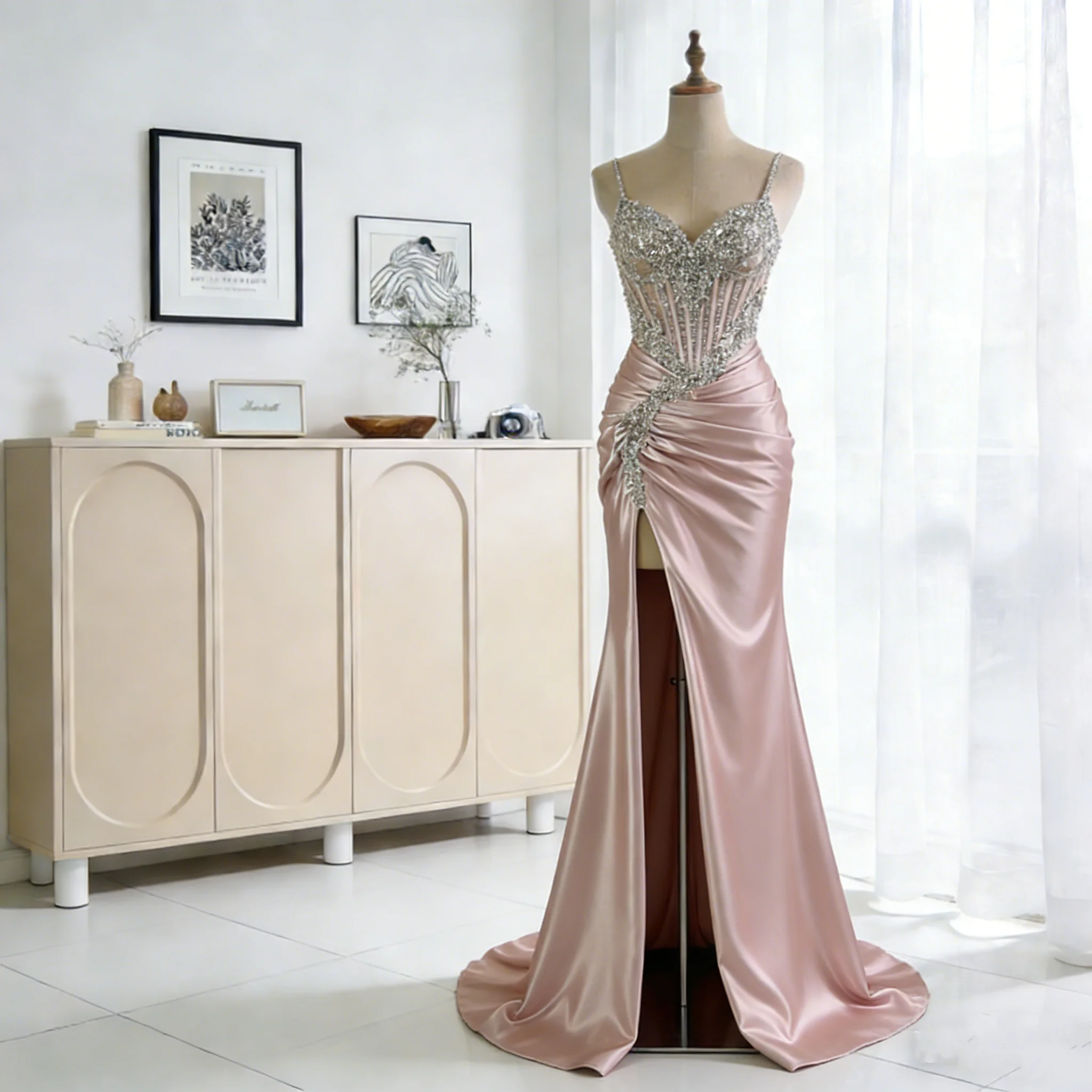 Classic V Neck Prom Dress Spaghetti Strap Trumpet Sleeveless Backless High Side Slit Satin Brush Train Customized
Classic V Neck Prom Dress Spaghetti Strap Trumpet Sleeveless Backless High Side Slit Satin Brush Train Customized