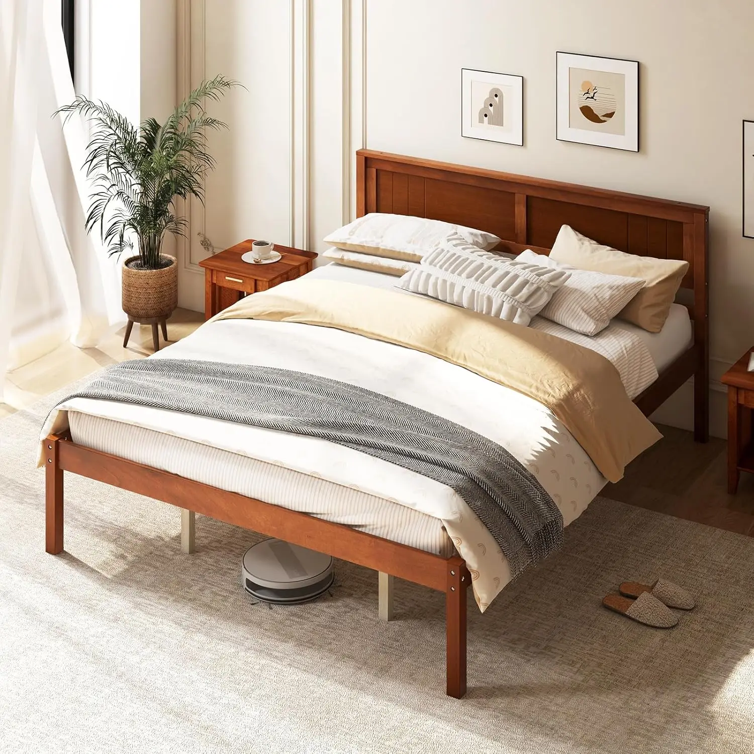 Mid-Century Style Queen Wood Platform Bed with Headboard and Slat Support Foundation
Mid-Century Style Queen Wood Platform Bed with Headboard and Slat Support Foundation