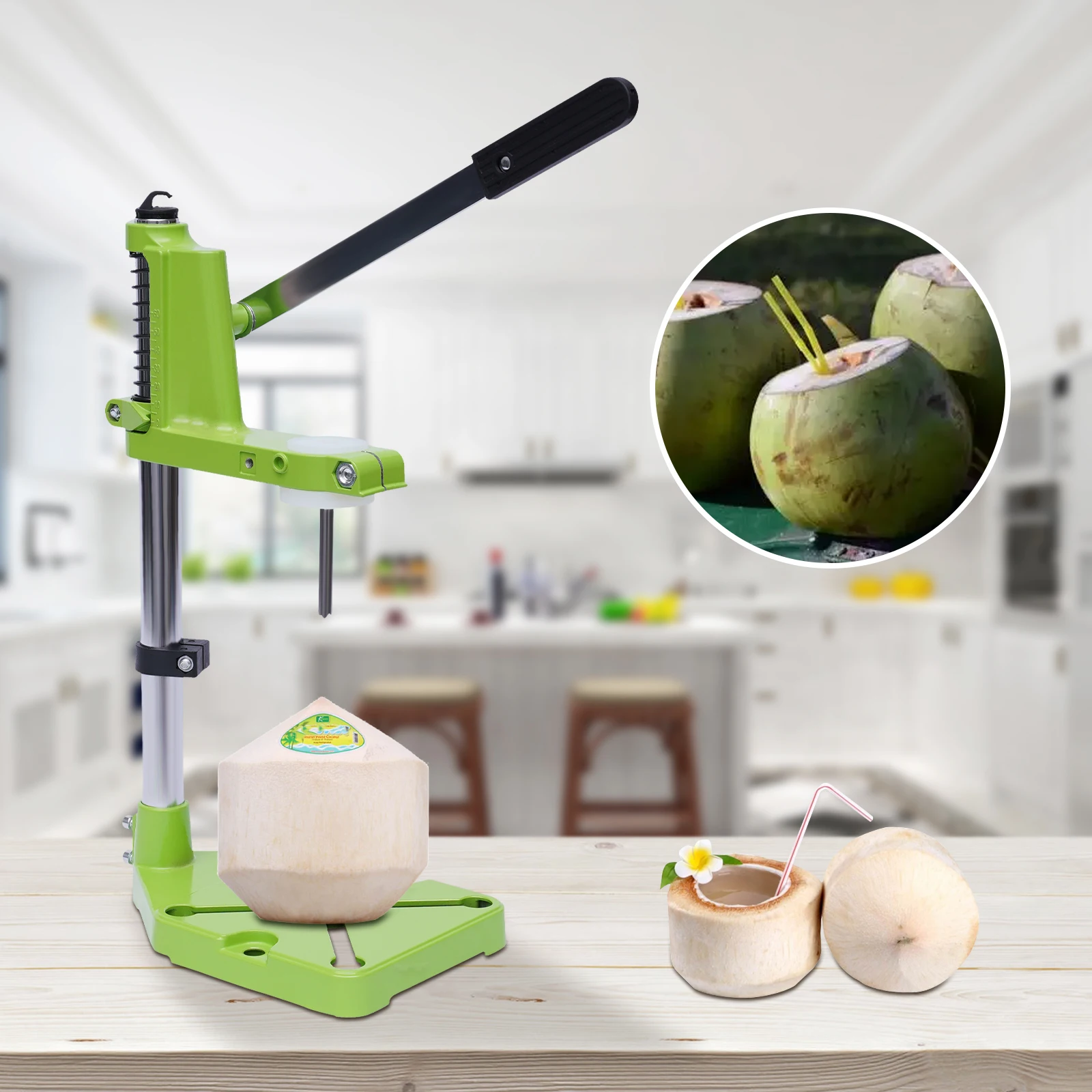 Coconut Opener, Manual Coconut Cracker Tool Green, Adjustable Blade for Small and Large Coconuts, Hole Drilling Kitchen Bar Tool
Coconut Opener, Manual Coconut Cracker Tool Green, Adjustable Blade for Small and Large Coconuts, Hole Drilling Kitchen Bar Tool