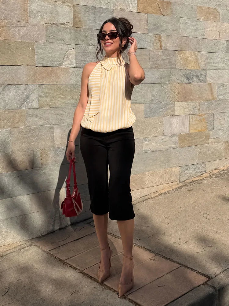 HH Women Summer Spring Effortless Chic Yellow White Stripe Halter Blouse Spring Ruffle Neck Self Tie Sash Bubble Hem Loose Tank
HH Women Summer Spring Effortless Chic Yellow White Stripe Halter Blouse Spring Ruffle Neck Self Tie Sash Bubble Hem Loose Tank