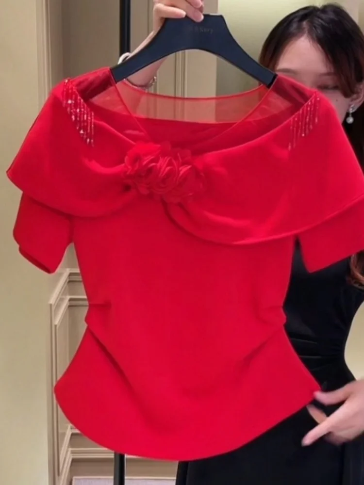 Three-dimensional flower bead pinch finger short sleeved T-shirt women summer new style temperament slim fit high-end top
Three-dimensional flower bead pinch finger short sleeved T-shirt women summer new style temperament slim fit high-end top