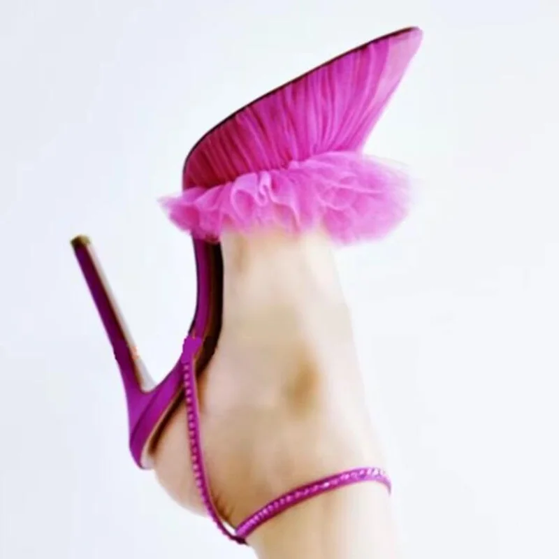 Stylish Ruffle High Heel Shoes Mesh Ankle Strap Pointed Toe Stiletto Heel Party Dress Shoes Fuchsia Gray Purple Pleated Pumps
Stylish Ruffle High Heel Shoes Mesh Ankle Strap Pointed Toe Stiletto Heel Party Dress Shoes Fuchsia Gray Purple Pleated Pumps