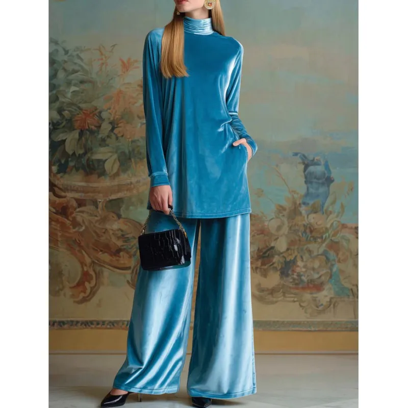 Autumn Gold Velvet Two-piece Set Women's Fashion Solid Color High Neck Top Loose Wide Leg Pants Suit Ladies Winter Office Outfit
Autumn Gold Velvet Two-piece Set Women's Fashion Solid Color High Neck Top Loose Wide Leg Pants Suit Ladies Winter Office Outfit