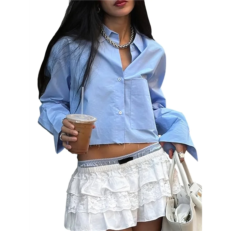 【Party-Decoration】Womens Button Down Cropped Shirts Long Sleeve Casual Crop Tops Solid Lapel Blouse Shirt With Chest Pocket
【Party-Decoration】Womens Button Down Cropped Shirts Long Sleeve Casual Crop Tops Solid Lapel Blouse Shirt With Chest Pocket