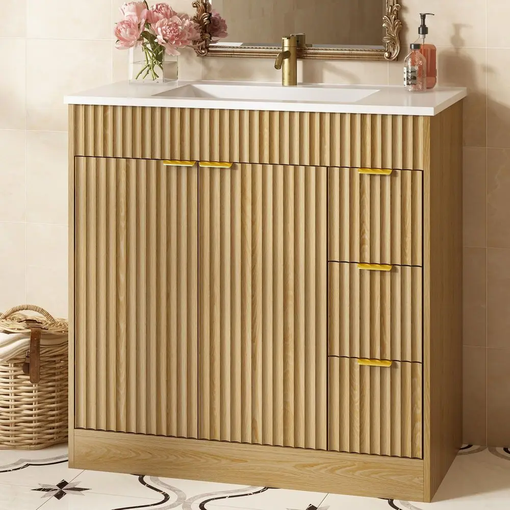 Fluted Bathroom Vanity with Sink, Freestanding Bathroom Cabinet with Soft Closing Door Storage and 3 Drawers Space, Modern Sing
Fluted Bathroom Vanity with Sink, Freestanding Bathroom Cabinet with Soft Closing Door Storage and 3 Drawers Space, Modern Sing