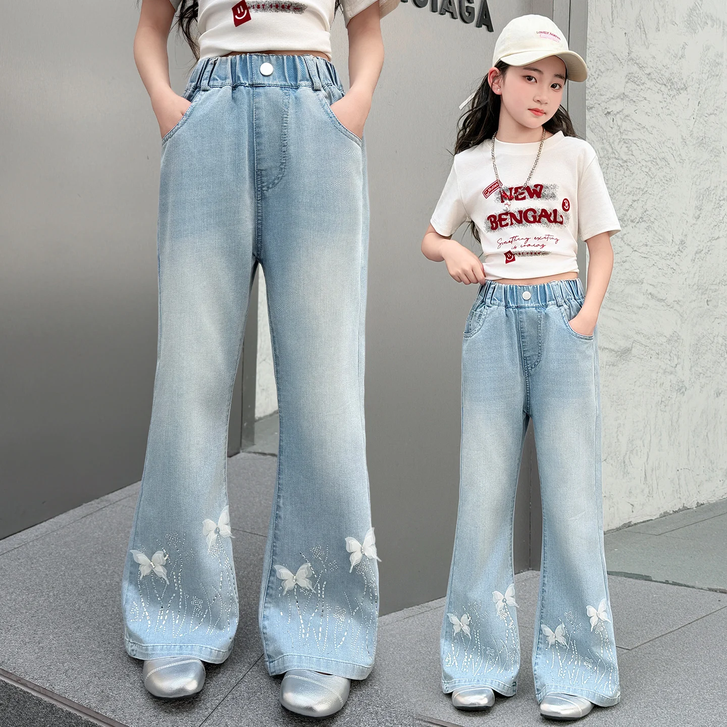 Light Blue Color Children Flare Jeans With Butterfly For Kids Girl Slim Sequin Jeans Teens High Waist Girl Boot Cut Denim Pants
Light Blue Color Children Flare Jeans With Butterfly For Kids Girl Slim Sequin Jeans Teens High Waist Girl Boot Cut Denim Pants
