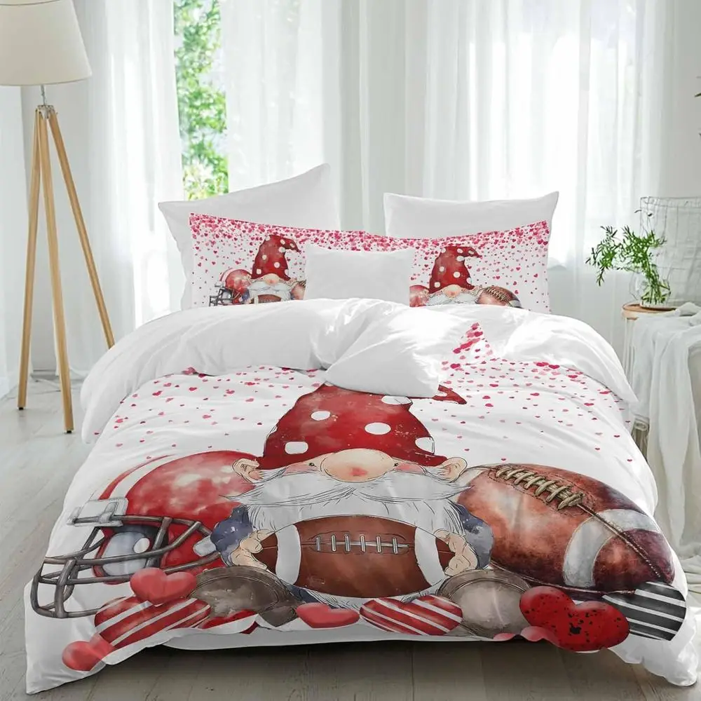 Valentine's Day Sheet Set, Abstract Gnome with Rugby Red Black Stripes Love Heart 4 Pieces Breathable Sot Duvet Cover Set Beddin
Valentine's Day Sheet Set, Abstract Gnome with Rugby Red Black Stripes Love Heart 4 Pieces Breathable Sot Duvet Cover Set Beddin