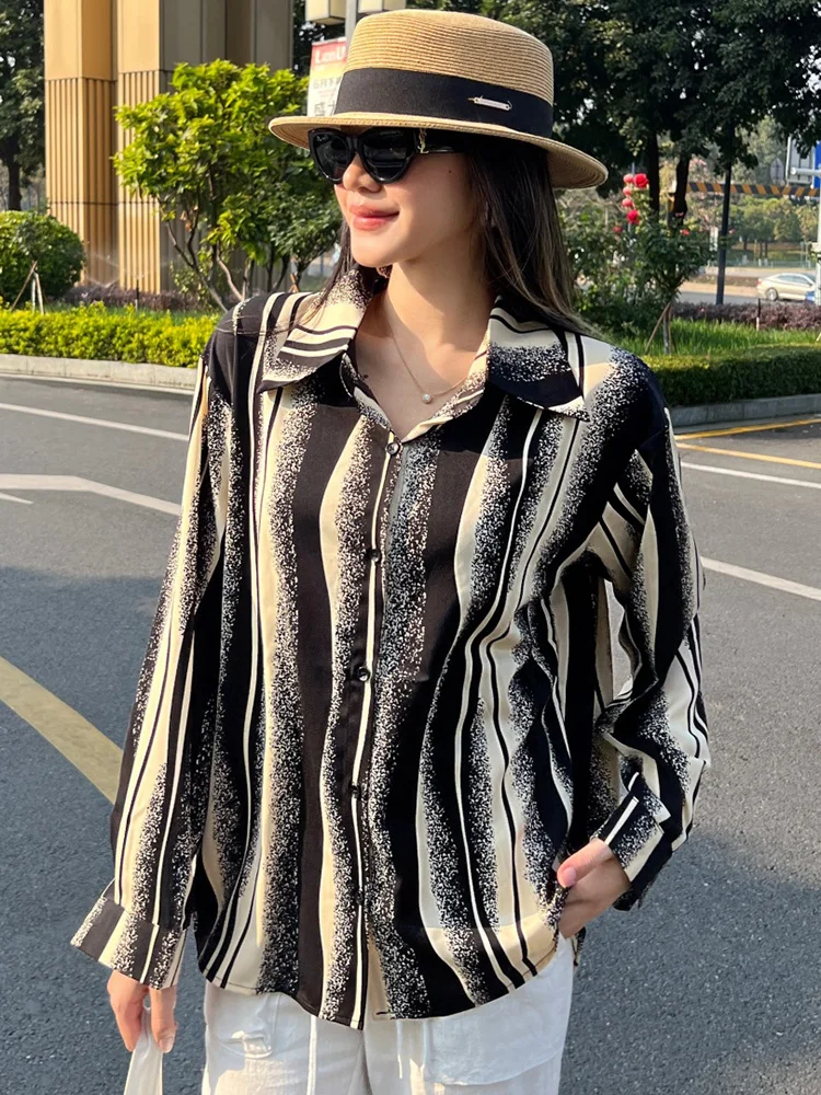 Women Spring Shirt New Korean Version Commute Casual POLO Collar Printed Striped Long Sleeved Versatile Satin Shirt BL088
Women Spring Shirt New Korean Version Commute Casual POLO Collar Printed Striped Long Sleeved Versatile Satin Shirt BL088