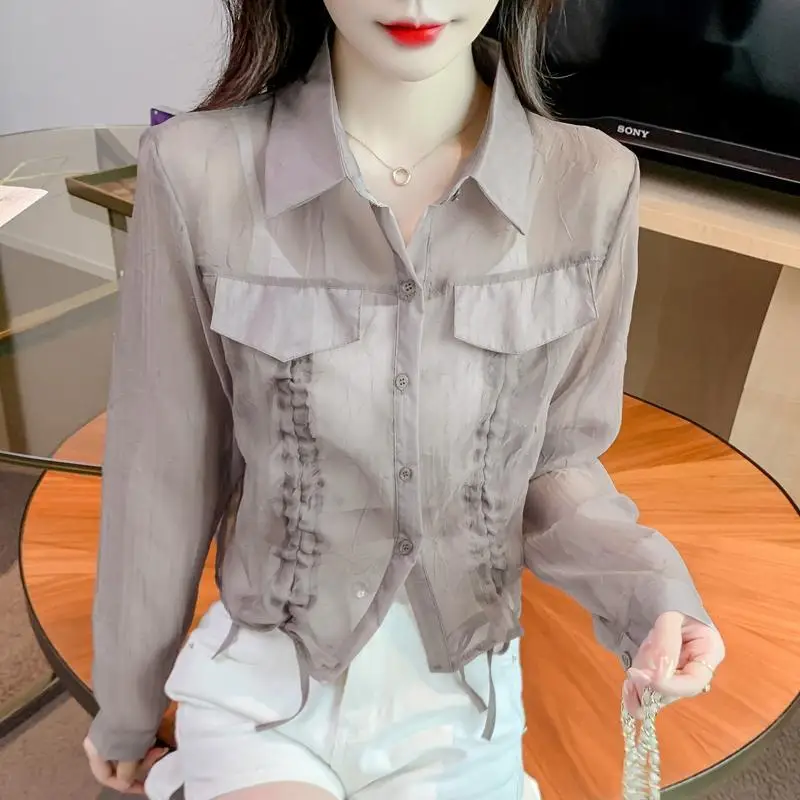 Spring Summer Solid Color Thin Style Shirt Women POLO Collar Long Sleeve Fashion Button Cardigan Elegant Shirring Patchwork Tops
Spring Summer Solid Color Thin Style Shirt Women POLO Collar Long Sleeve Fashion Button Cardigan Elegant Shirring Patchwork Tops