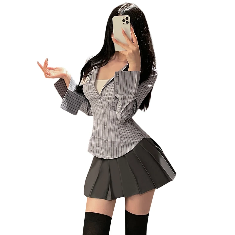 Women College JK Outfit Slim Fit Striped Long Sleeve Shirt Pleated Mini Skirt Set Summer Preppy Style Daily Costume
Women College JK Outfit Slim Fit Striped Long Sleeve Shirt Pleated Mini Skirt Set Summer Preppy Style Daily Costume