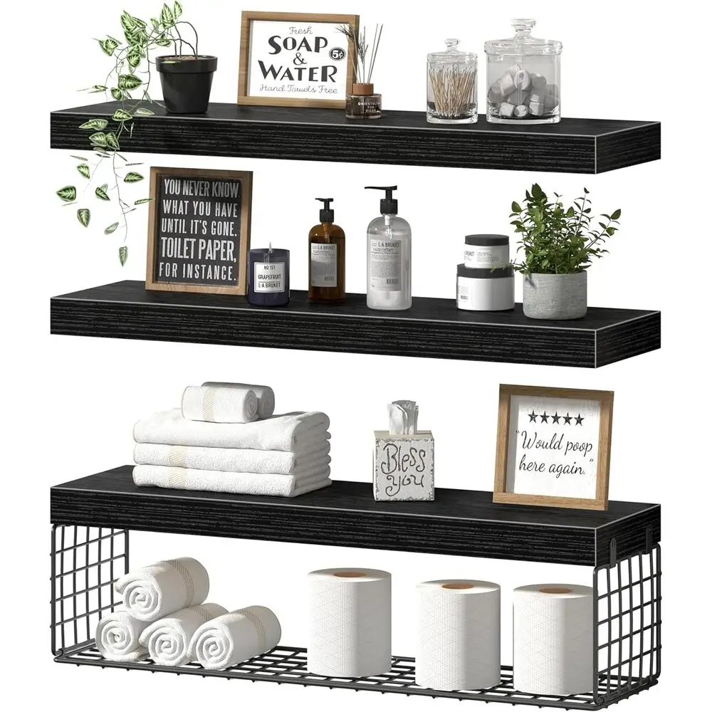 24 Inch Floating Over-the-Toilet Storage Shelf Set with 3 Baskets, Black
24 Inch Floating Over-the-Toilet Storage Shelf Set with 3 Baskets, Black