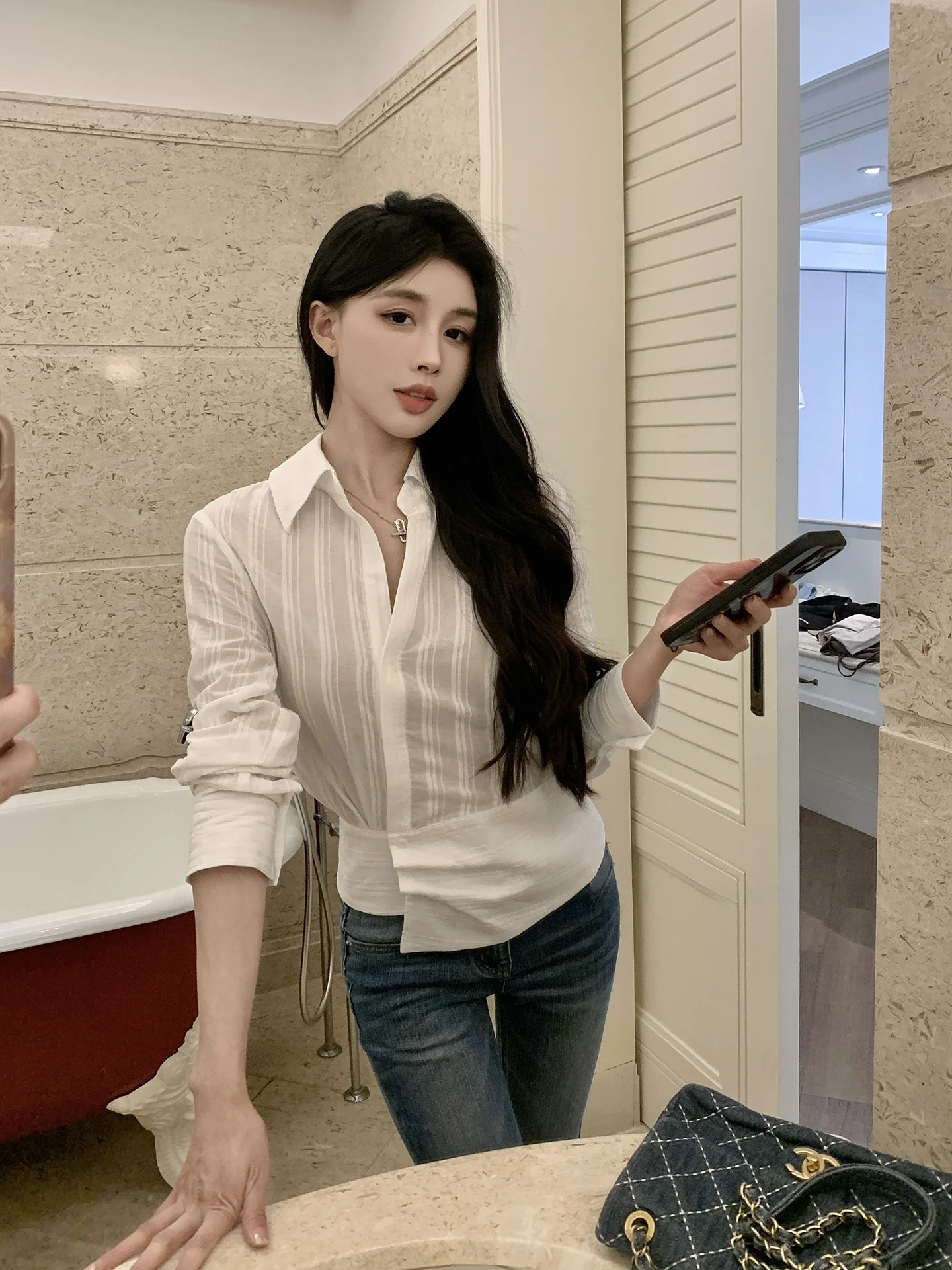 Hecenxi Korean Style Striped Shirt Women's Spring Summer New Waist Cinching Top Asymmetrical Design Long Sleeve Cotton Blend
Hecenxi Korean Style Striped Shirt Women's Spring Summer New Waist Cinching Top Asymmetrical Design Long Sleeve Cotton Blend