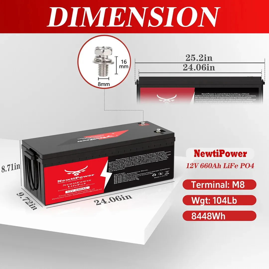 12V 660Ah LiFePO4 Battery Small Size, 16.8KWh Lithium Battery with 250A BMS, Up to 10000+ Rechargeable Cycles, Perfect for RV
12V 660Ah LiFePO4 Battery Small Size, 16.8KWh Lithium Battery with 250A BMS, Up to 10000+ Rechargeable Cycles, Perfect for RV
