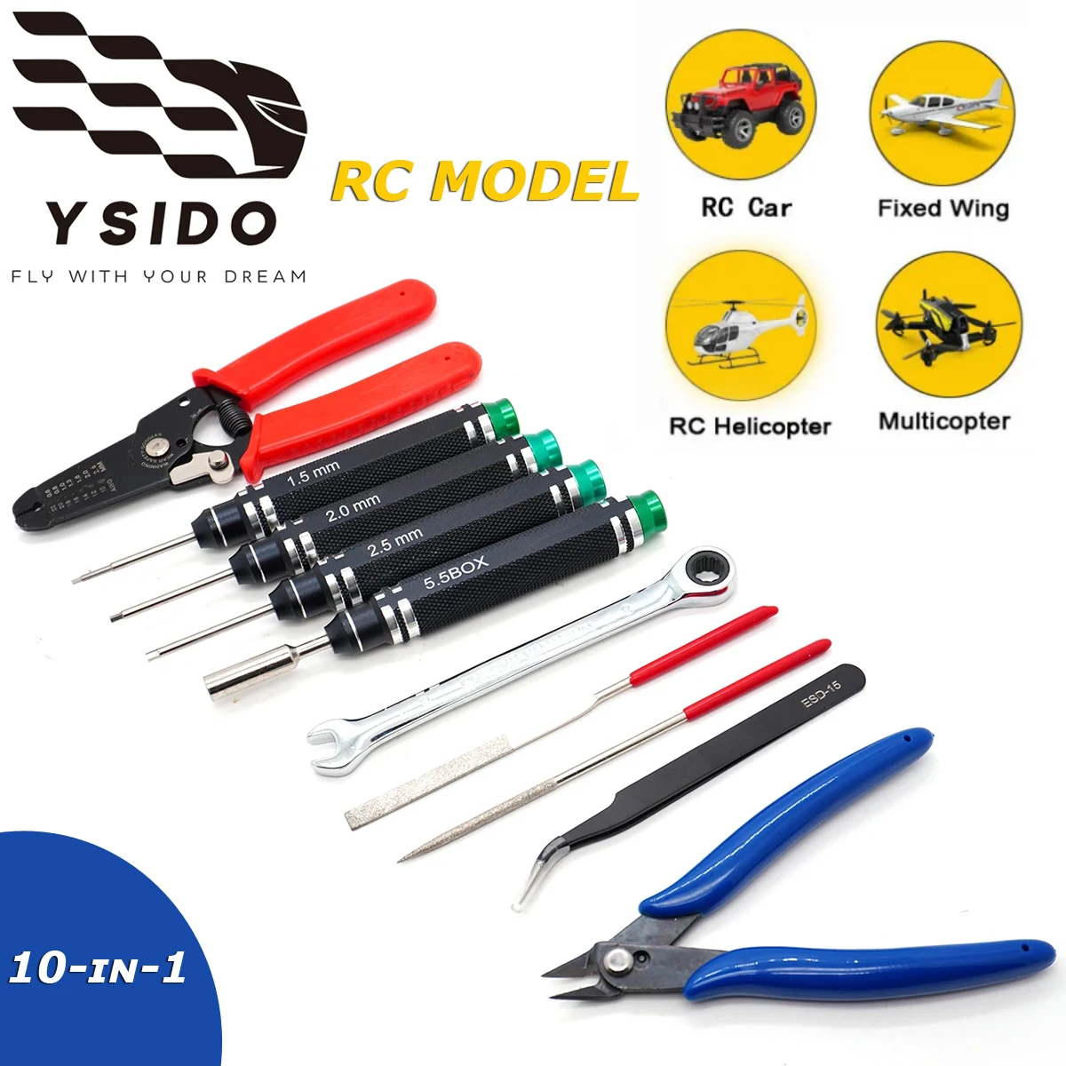 YSIDO 10-IN-1 Multifunctional Repair Tool Set Pliers Key Wrench for RC Helicopter Quadcopter Airplane RC Car Truck RC Boat DIY
YSIDO 10-IN-1 Multifunctional Repair Tool Set Pliers Key Wrench for RC Helicopter Quadcopter Airplane RC Car Truck RC Boat DIY