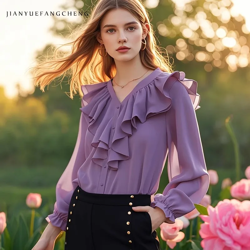 Women Long Sleeve V-Neck Purple Chiffon Blouse Loose Casual Ruffles Tops Elegant Flowing Lightweight Casual Button-down Shirts
Women Long Sleeve V-Neck Purple Chiffon Blouse Loose Casual Ruffles Tops Elegant Flowing Lightweight Casual Button-down Shirts