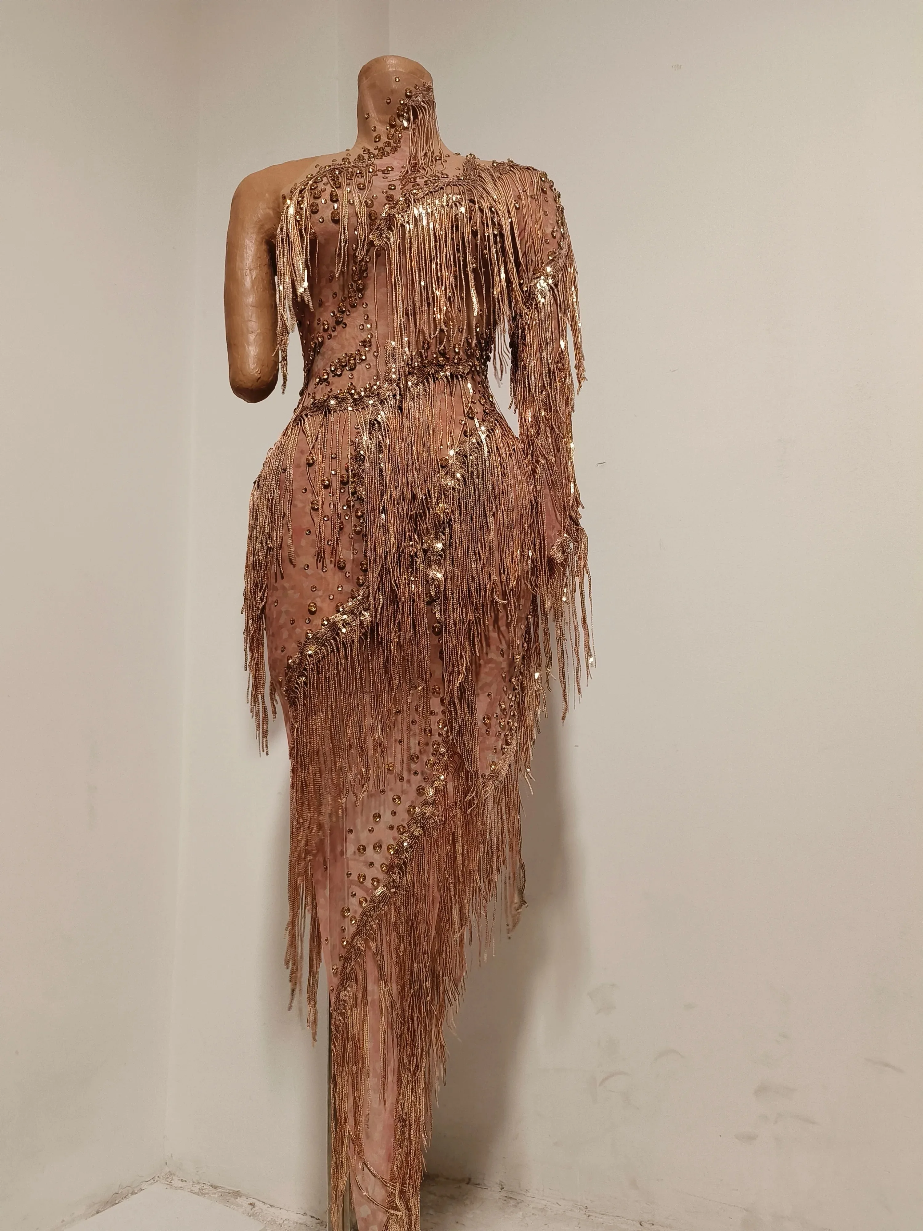 Champagne Gold Sheer Mesh Rhinestone Fringe Dress One-Shoulder Asymmetrical Hem Women Stage Performance Nightclub Party Outfit
Champagne Gold Sheer Mesh Rhinestone Fringe Dress One-Shoulder Asymmetrical Hem Women Stage Performance Nightclub Party Outfit