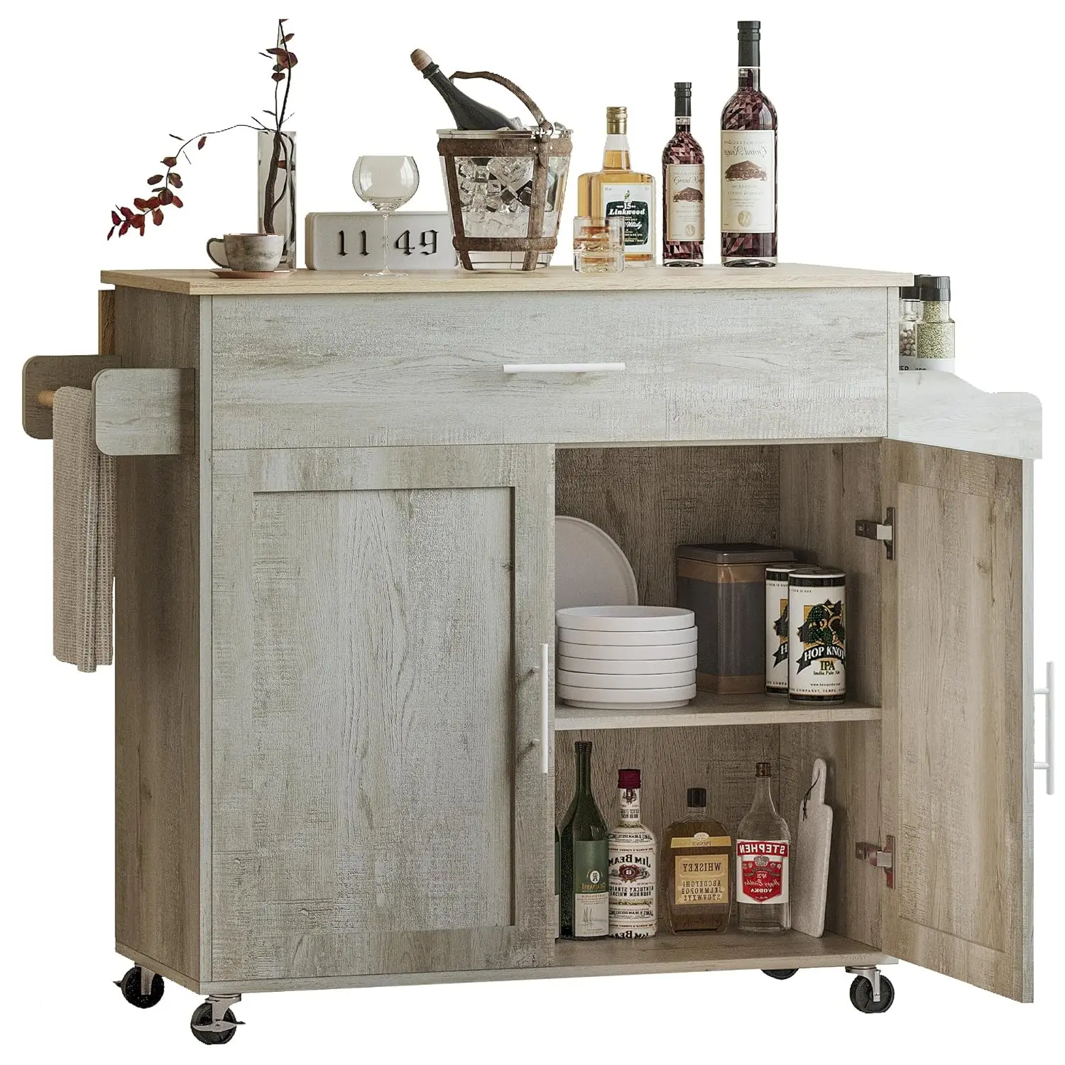 Тележка для кухонного острова со столешницей из массива дерева и откидным листом, мобильные тележки шириной 47 дюймов со шкафом для хранения, полкой для специй, вешалкой для полотенец и рисунком
Тележка для кухонного острова со столешницей из массива дерева и откидным листом, мобильные тележки шириной 47 дюймов со шкафом для хранения, полкой для специй, вешалкой для полотенец и рисунком