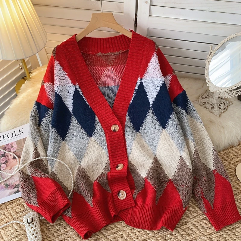 Korean Lazy Style Women Knitted Cardigan Autumn Winter 2024 New Loose Versatile Contrasting Color Diamond Grid Women's Sweater
Korean Lazy Style Women Knitted Cardigan Autumn Winter 2024 New Loose Versatile Contrasting Color Diamond Grid Women's Sweater