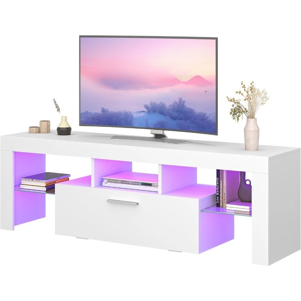 White LED TV Stand with Large Storage Drawer, Modern TV Console Table with Entertainment Center for Living Room, Bedroom, White
White LED TV Stand with Large Storage Drawer, Modern TV Console Table with Entertainment Center for Living Room, Bedroom, White