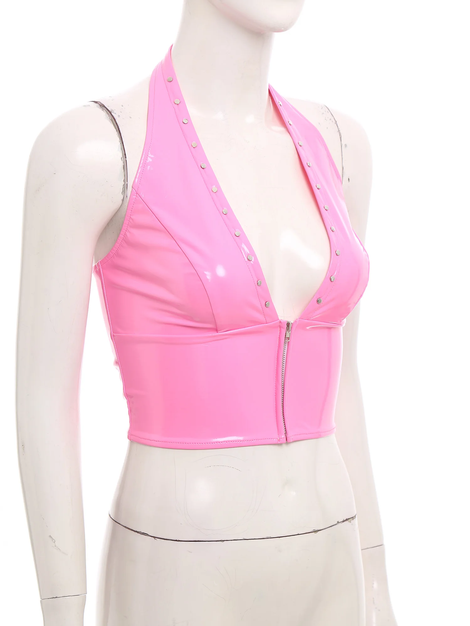 Halter V Neck Tank Top Women Cool Punk Rivets Decor Backless Vest Crop Tops Wet Look Club Party Bar Shiny High Look Crop Tops
Halter V Neck Tank Top Women Cool Punk Rivets Decor Backless Vest Crop Tops Wet Look Club Party Bar Shiny High Look Crop Tops