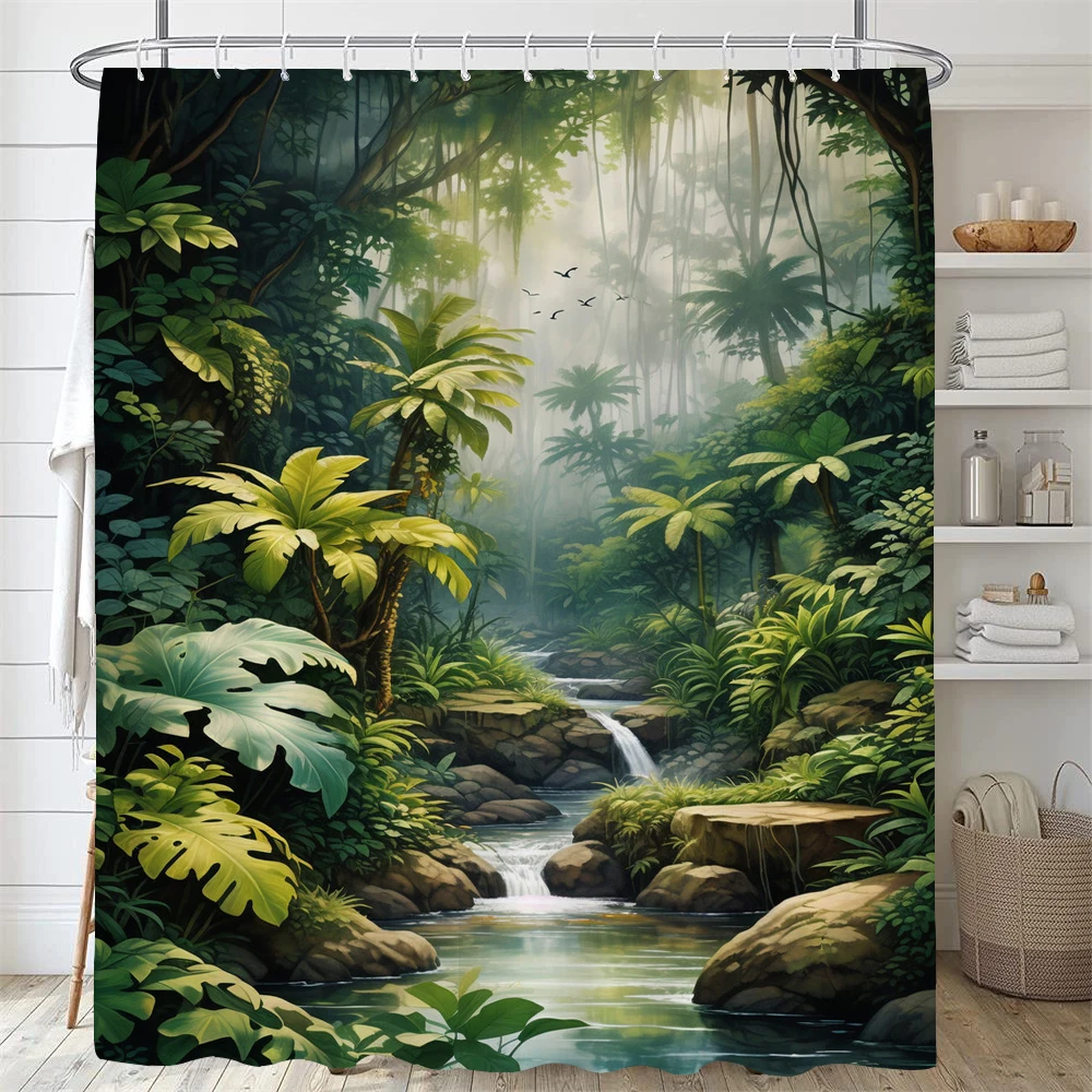 Занавеска для душа с рисунком растений, водонепроницаемый Шторка для ванной из полиэстера, тропический лес, Зеленый лист 
Занавеска для душа с рисунком растений, водонепроницаемый Шторка для ванной из полиэстера, тропический лес, Зеленый лист