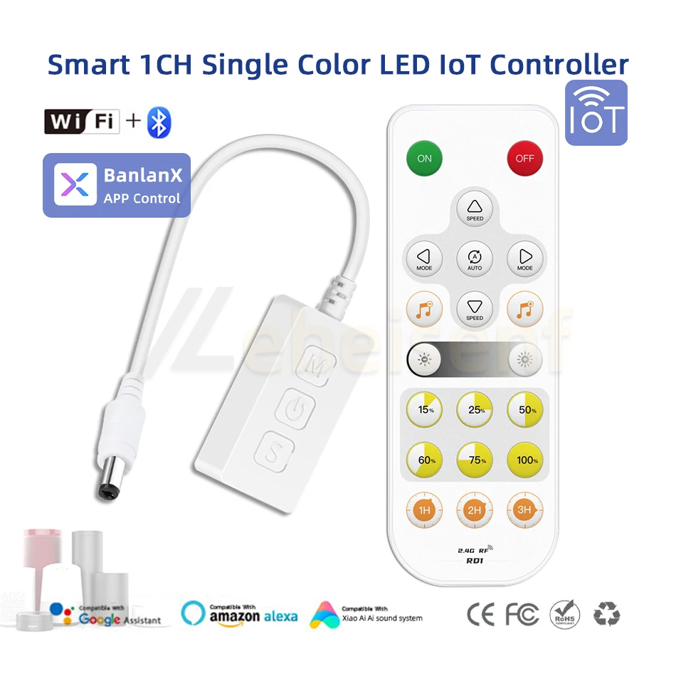 Smart LED IoT Controller DC 5V 12V 24V 4A WiFi / Bluetooth APP Dimming with 2.4G RF Wireless Remote for Single Color Strip Light
Smart LED IoT Controller DC 5V 12V 24V 4A WiFi / Bluetooth APP Dimming with 2.4G RF Wireless Remote for Single Color Strip Light