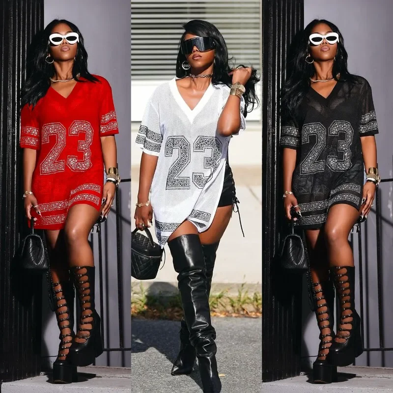 Women Fashion Diamonds See Through Mesh Long T-shirts Sexy V-neck Short Sleeve Loose Casual Streetwear Tees Y2k Clubwear Tops
Women Fashion Diamonds See Through Mesh Long T-shirts Sexy V-neck Short Sleeve Loose Casual Streetwear Tees Y2k Clubwear Tops