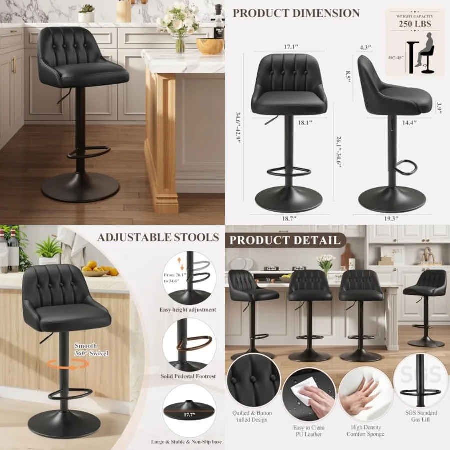 Bar Stools, Chairs, Modern Adjustable PU Leather Upholstered Barstools Counter Height with Tufted Back for Bar, Kitchen Counter
Bar Stools, Chairs, Modern Adjustable PU Leather Upholstered Barstools Counter Height with Tufted Back for Bar, Kitchen Counter