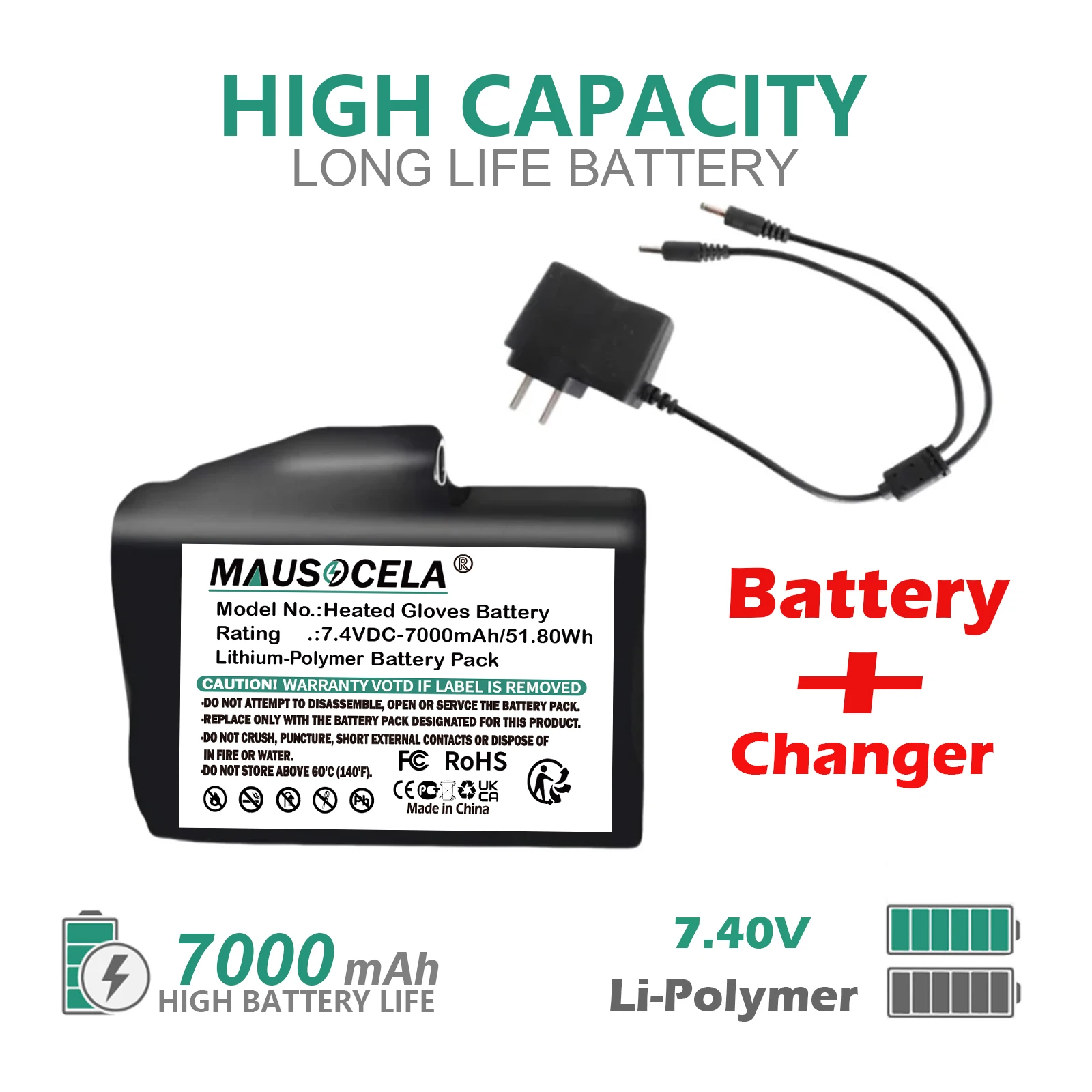 7.4V 7000mAh Heated Gloves Battery Polymer Lithium Battery for Heating Vest, Socks, Winter Antifreeze Heating Battery 755060-2S
7.4V 7000mAh Heated Gloves Battery Polymer Lithium Battery for Heating Vest, Socks, Winter Antifreeze Heating Battery 755060-2S