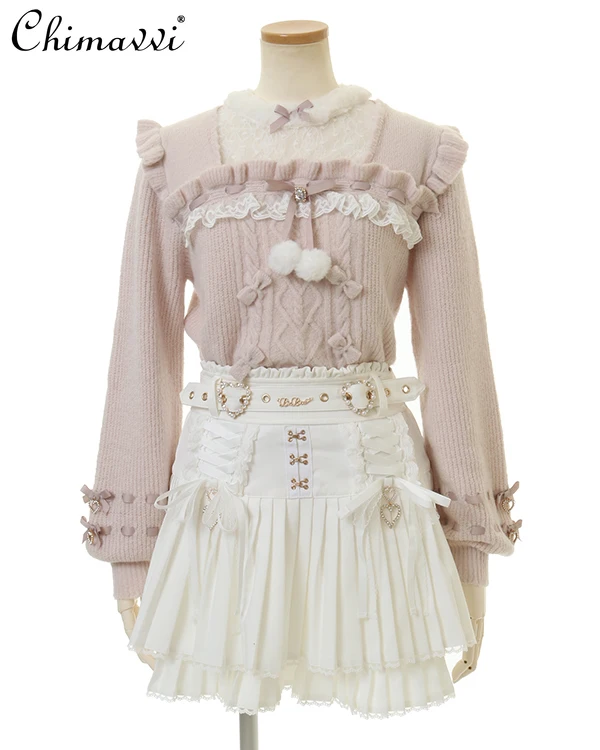 Japanese New Sweet Bow Lace Ruffle Edge Knitted Top Spring Mine Mass Production Long-sleeved Fluffy Pullover Lolita Sweater
Japanese New Sweet Bow Lace Ruffle Edge Knitted Top Spring Mine Mass Production Long-sleeved Fluffy Pullover Lolita Sweater