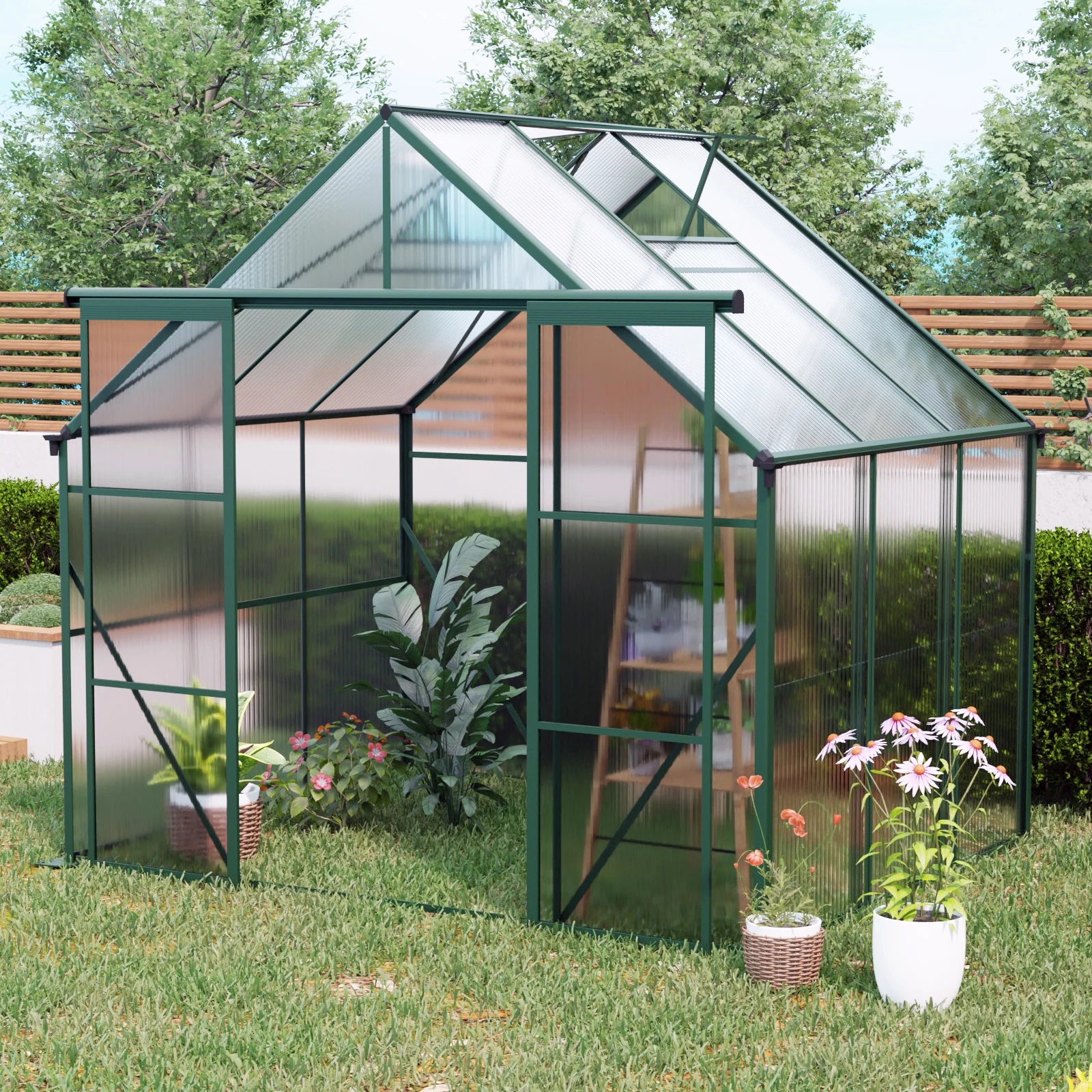 8X6FT-Green Double Door Polycarbonate Greenhouse Raised Base and Anchor Aluminum Heavy Duty Walk-in Greenhouses for Outdoor
8X6FT-Green Double Door Polycarbonate Greenhouse Raised Base and Anchor Aluminum Heavy Duty Walk-in Greenhouses for Outdoor
