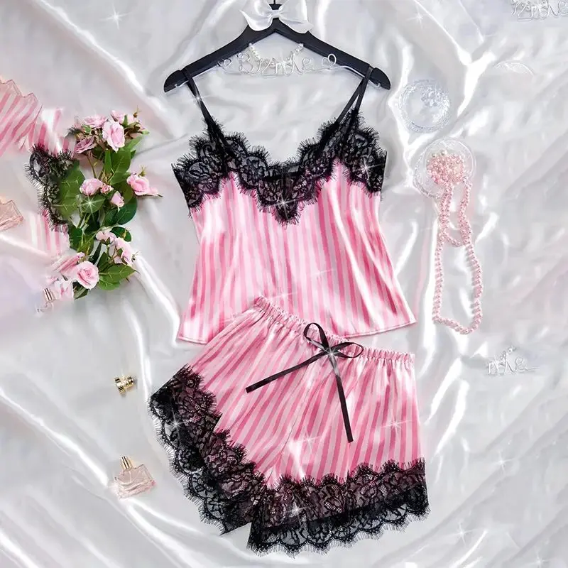 Two Piece Women's V-Neck Sexy Lace Suspender Pajama Shorts Set Casual Women's Sleeveless Sexy Pajama Set
Two Piece Women's V-Neck Sexy Lace Suspender Pajama Shorts Set Casual Women's Sleeveless Sexy Pajama Set