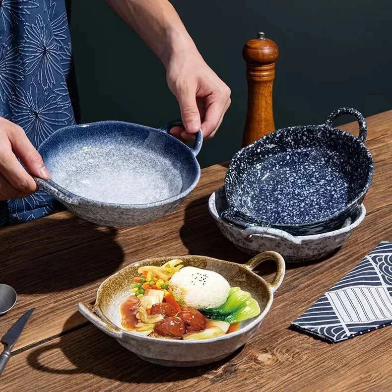 retro ceramic tableware soup plates, large deep plates, dry pans, commercial scalding-proof double-ear vegetable plates.
retro ceramic tableware soup plates, large deep plates, dry pans, commercial scalding-proof double-ear vegetable plates.