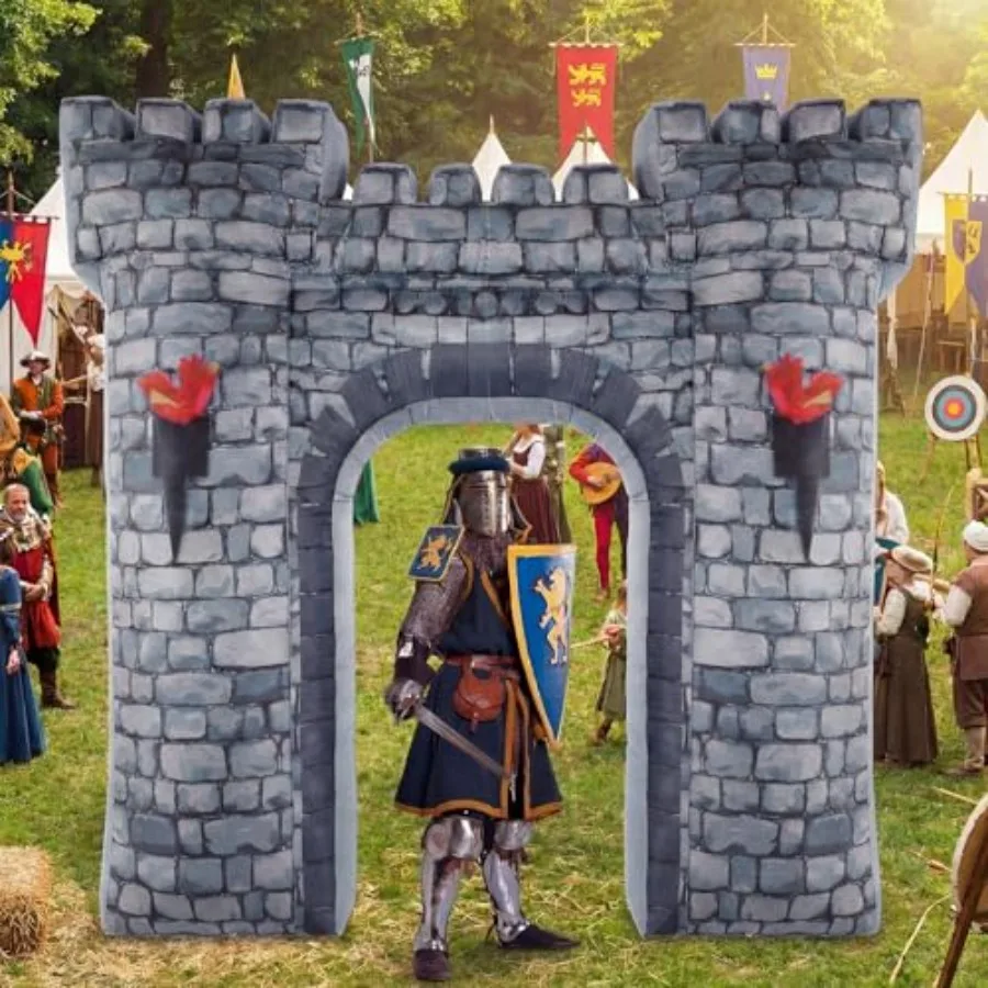 Outdoor medieval party inflatable castle archway, PVC material, gray and gold, built-in LED lights for knight birthday cosplay
Outdoor medieval party inflatable castle archway, PVC material, gray and gold, built-in LED lights for knight birthday cosplay