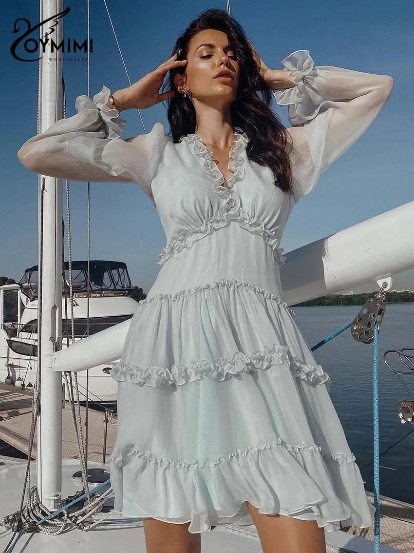 Oymimi Casual Light Gray Ruffled Dresses 2025 Woman Elegant V-Neck Wrist Sleeve High Waist Dresses Fashion Pleated Mini Dress
Oymimi Casual Light Gray Ruffled Dresses 2025 Woman Elegant V-Neck Wrist Sleeve High Waist Dresses Fashion Pleated Mini Dress