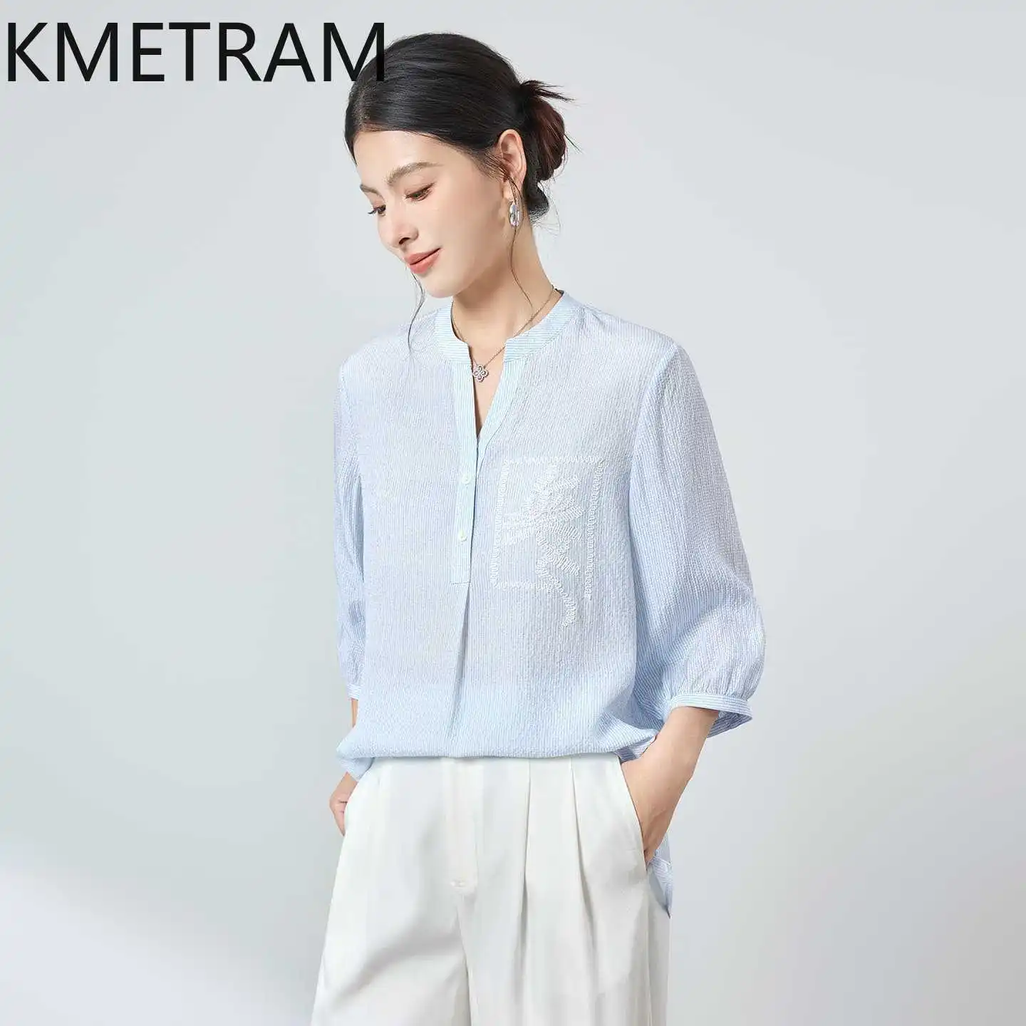 KMETRAM 16MM 100% Real Mulberry Silk Shirt Women Striped Blouse Light Blue Embroidered Summer Tops for Woman Clothing 2026 여름 옷
KMETRAM 16MM 100% Real Mulberry Silk Shirt Women Striped Blouse Light Blue Embroidered Summer Tops for Woman Clothing 2026 여름 옷