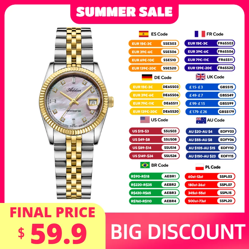 ADDIES Luxury Couple Watch 28mm Stainless Steel 5Bar Waterproof Dive Watch Sapphire Glass Quartz Couple Watches Fashion Gift
ADDIES Luxury Couple Watch 28mm Stainless Steel 5Bar Waterproof Dive Watch Sapphire Glass Quartz Couple Watches Fashion Gift