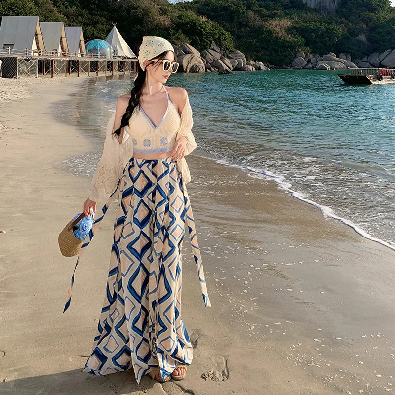 Пляжный вязаный топ с открытыми плечами и асимметричные брюки в клетку с эластичной талией, длиной в пол, для женщин
Пляжный вязаный топ с открытыми плечами и асимметричные брюки в клетку с эластичной талией, длиной в пол, для женщин