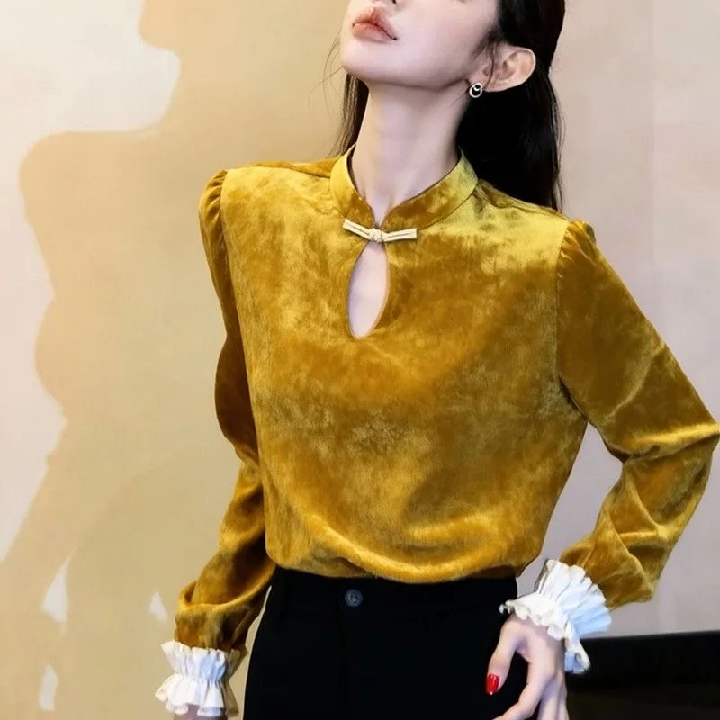 Yellow Velvet Shirt Women's Slim Fit Inner Wear Shirt Stylish New Chinese Style Winter Luxury Sensation Belted Waist Design
Yellow Velvet Shirt Women's Slim Fit Inner Wear Shirt Stylish New Chinese Style Winter Luxury Sensation Belted Waist Design