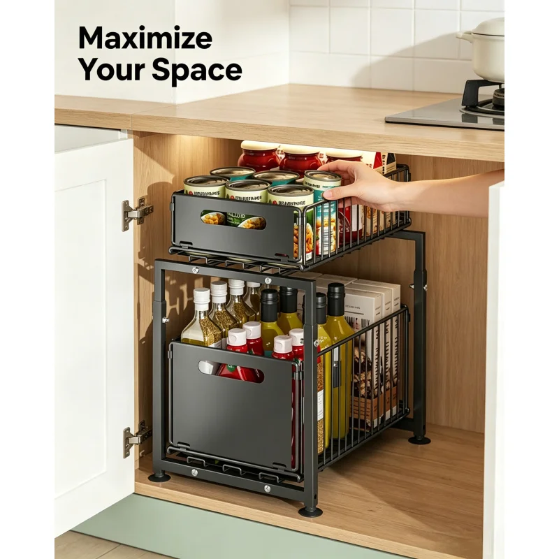 Heavy Duty Under Sink Organizer – 2-Tier Sliding Shelf with Dish Drying Rack Space, Adjustable Height Cabinet Storage
Heavy Duty Under Sink Organizer – 2-Tier Sliding Shelf with Dish Drying Rack Space, Adjustable Height Cabinet Storage