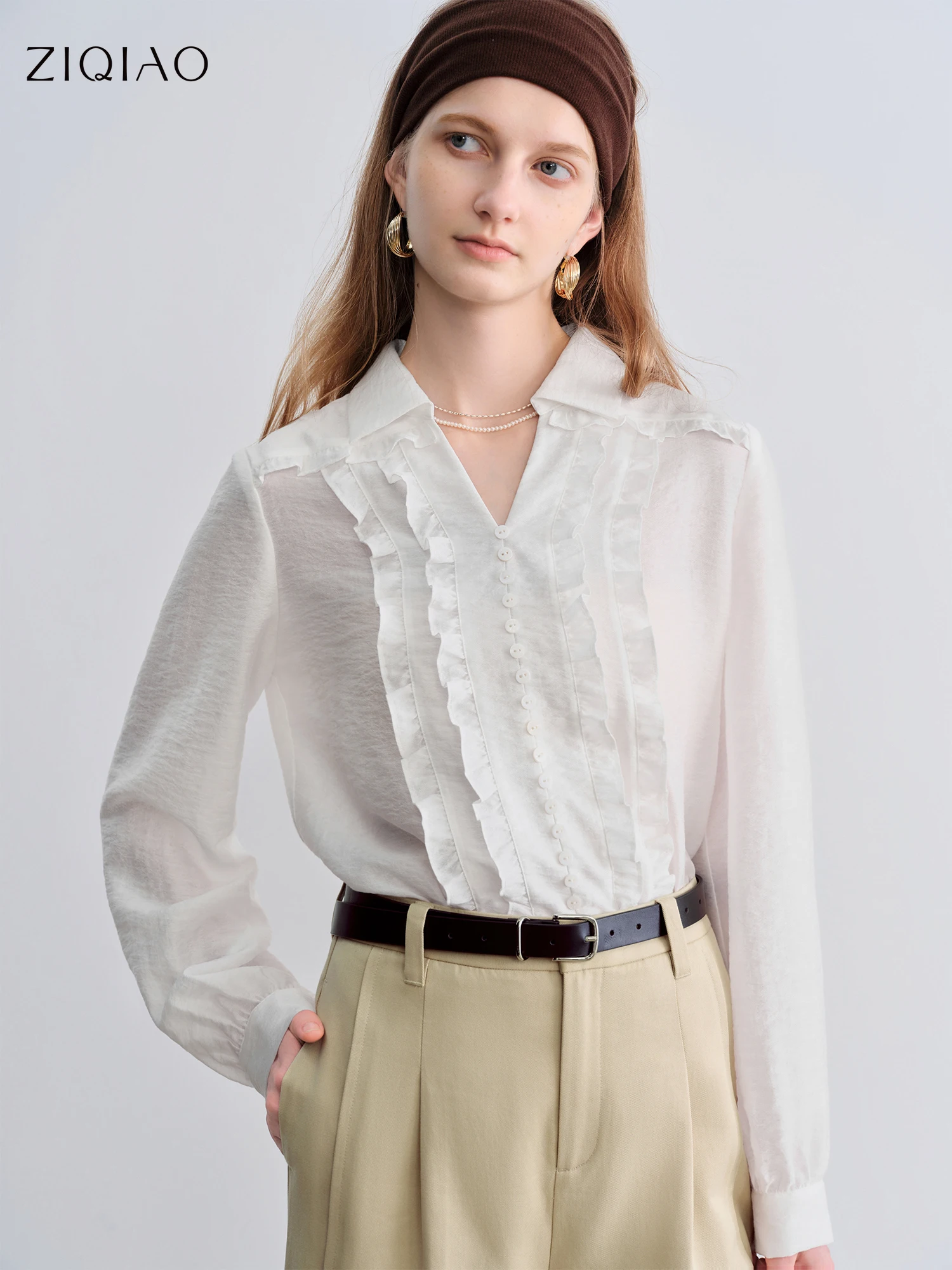 ZIQIAO Autumn 2025 Women's French Inspired Blouse - Soft Lace Trim White Top Ruffle Detail Gentle Style Casual Elegant Shirt
ZIQIAO Autumn 2025 Women's French Inspired Blouse - Soft Lace Trim White Top Ruffle Detail Gentle Style Casual Elegant Shirt