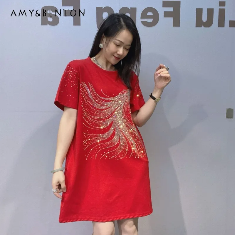 Sweet Loose Waist Casual Dress Summer Beautiful Style Mid-length Rhinestone Space Cotton Short-sleeved T-shirt Dresses For Women
Sweet Loose Waist Casual Dress Summer Beautiful Style Mid-length Rhinestone Space Cotton Short-sleeved T-shirt Dresses For Women