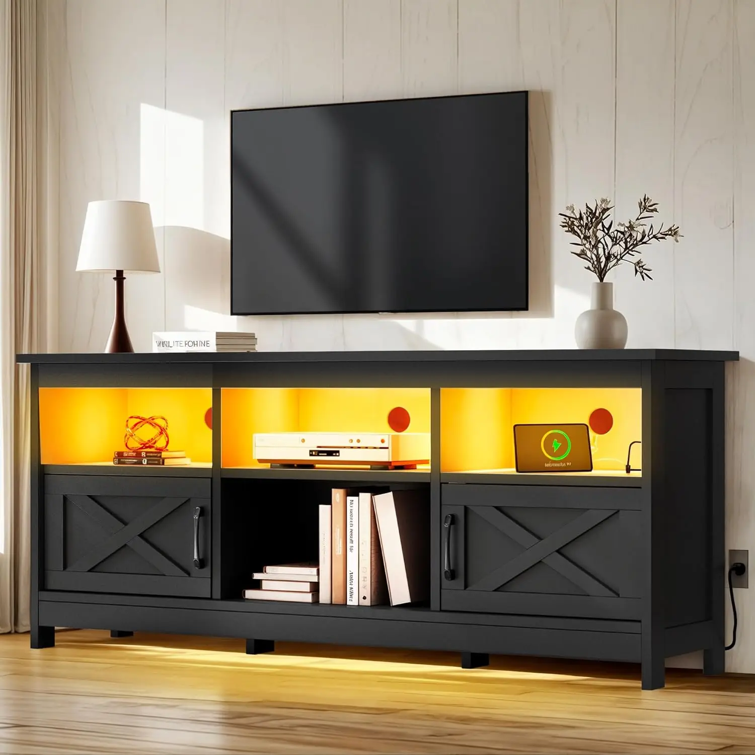 TV, Entertainment Center with LED Light and Power Outlet, Farmhouse TV Cabinet, Television Stands for Living Room, Black
TV, Entertainment Center with LED Light and Power Outlet, Farmhouse TV Cabinet, Television Stands for Living Room, Black