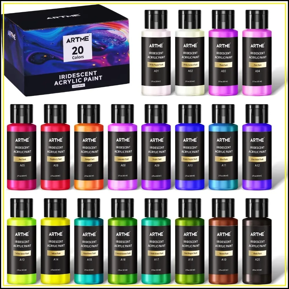 Iridescent Acrylic Paint Set, 20 Chameleon Colors, 2 oz/60ml Bottles, Color-shifting for Canvas, Rocks, Wood, Fabric, Ceramic
Iridescent Acrylic Paint Set, 20 Chameleon Colors, 2 oz/60ml Bottles, Color-shifting for Canvas, Rocks, Wood, Fabric, Ceramic