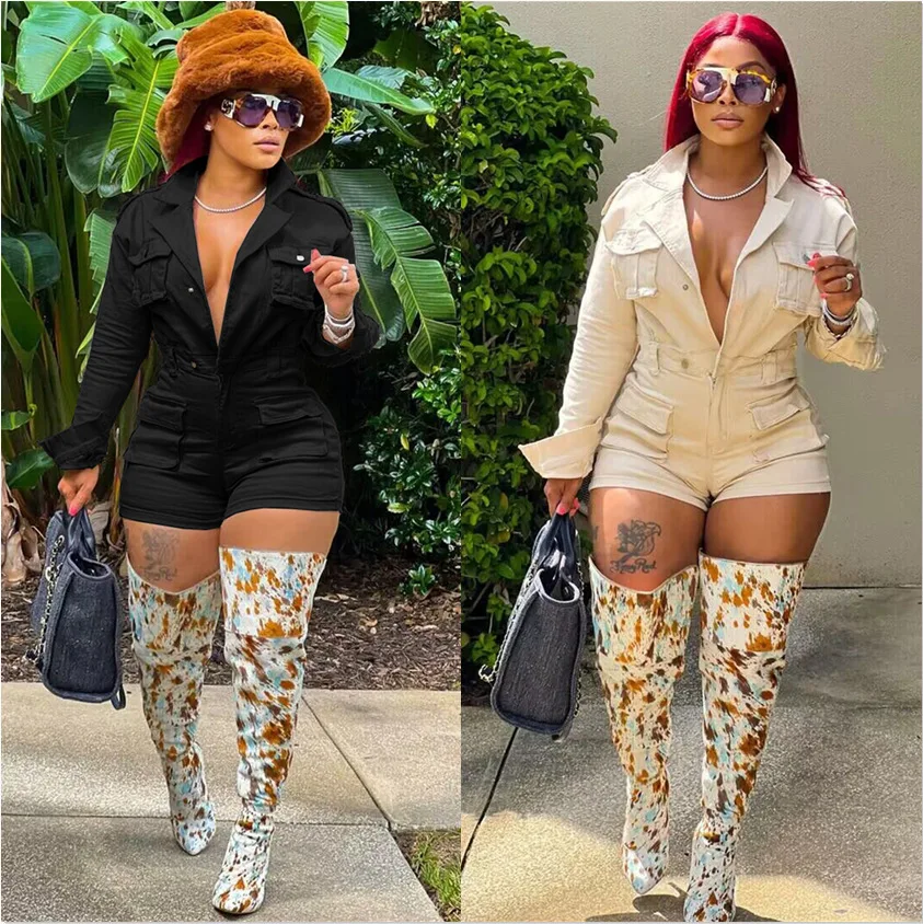 Women Lapel Button Jumpsuit Tight Straight Shorts Solid Color Black Commuter Rompers 2023 Autumn Long Sleeve Playsuits
Women Lapel Button Jumpsuit Tight Straight Shorts Solid Color Black Commuter Rompers 2023 Autumn Long Sleeve Playsuits