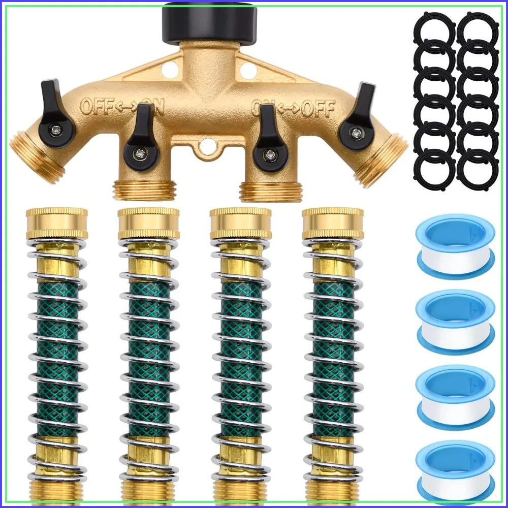 4 Way Brass Hose Splitter with 4 Garden Hose Extension Adapters, 4 Valves, 12 Rubber Washers & 4 Tapes
4 Way Brass Hose Splitter with 4 Garden Hose Extension Adapters, 4 Valves, 12 Rubber Washers & 4 Tapes