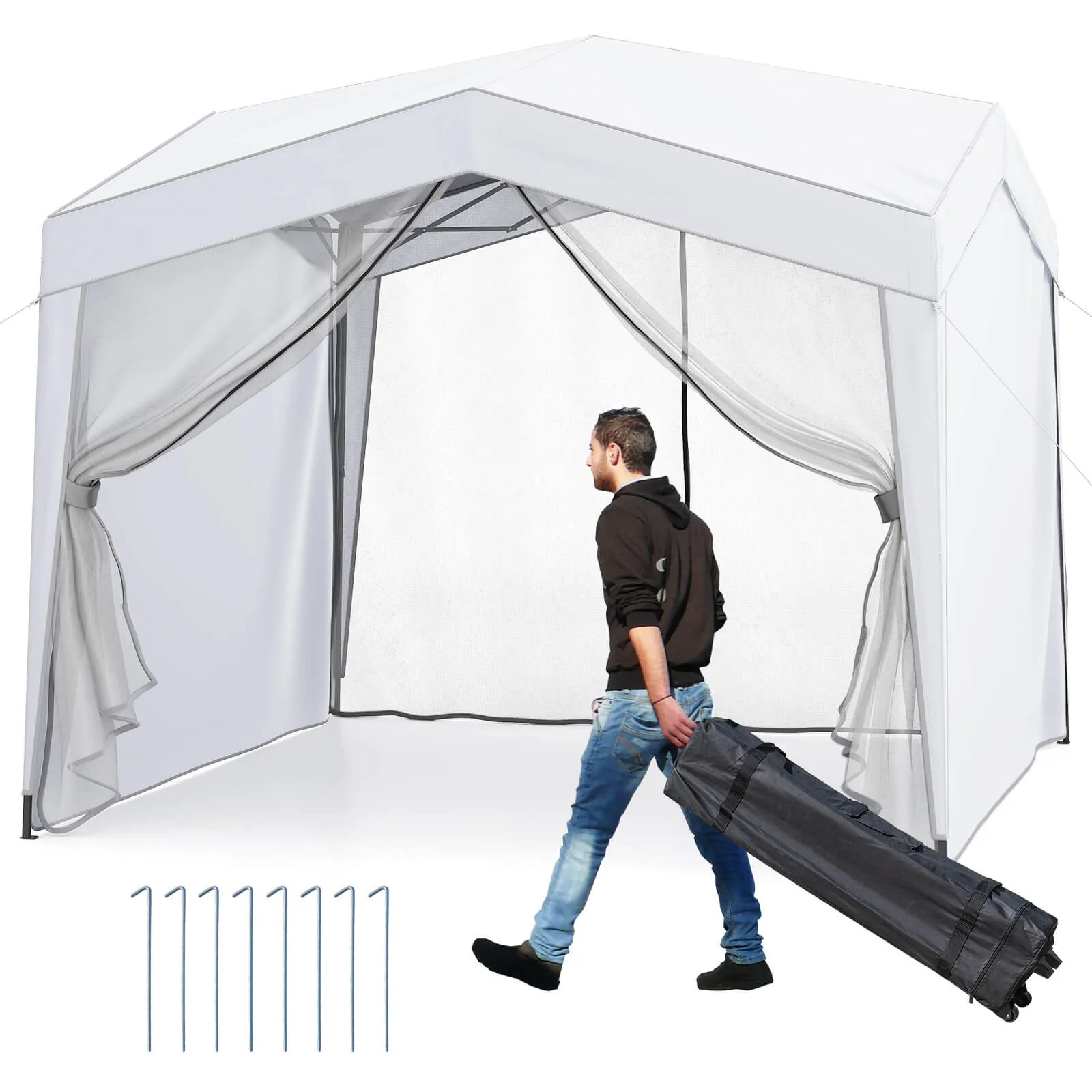 10 X 10 FT Pop up Canopy Tent w/ 4 Sidewalls Mesh Netting Wheeled Bag 8 Stakes
10 X 10 FT Pop up Canopy Tent w/ 4 Sidewalls Mesh Netting Wheeled Bag 8 Stakes