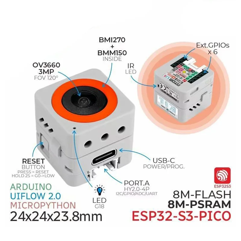 For M5stack ATOMS3R Camera Kit M12 Version High-Resolution OV3660 Sensor M12 Wide Angle Camera Programmable Controller 
For M5stack ATOMS3R Camera Kit M12 Version High-Resolution OV3660 Sensor M12 Wide Angle Camera Programmable Controller